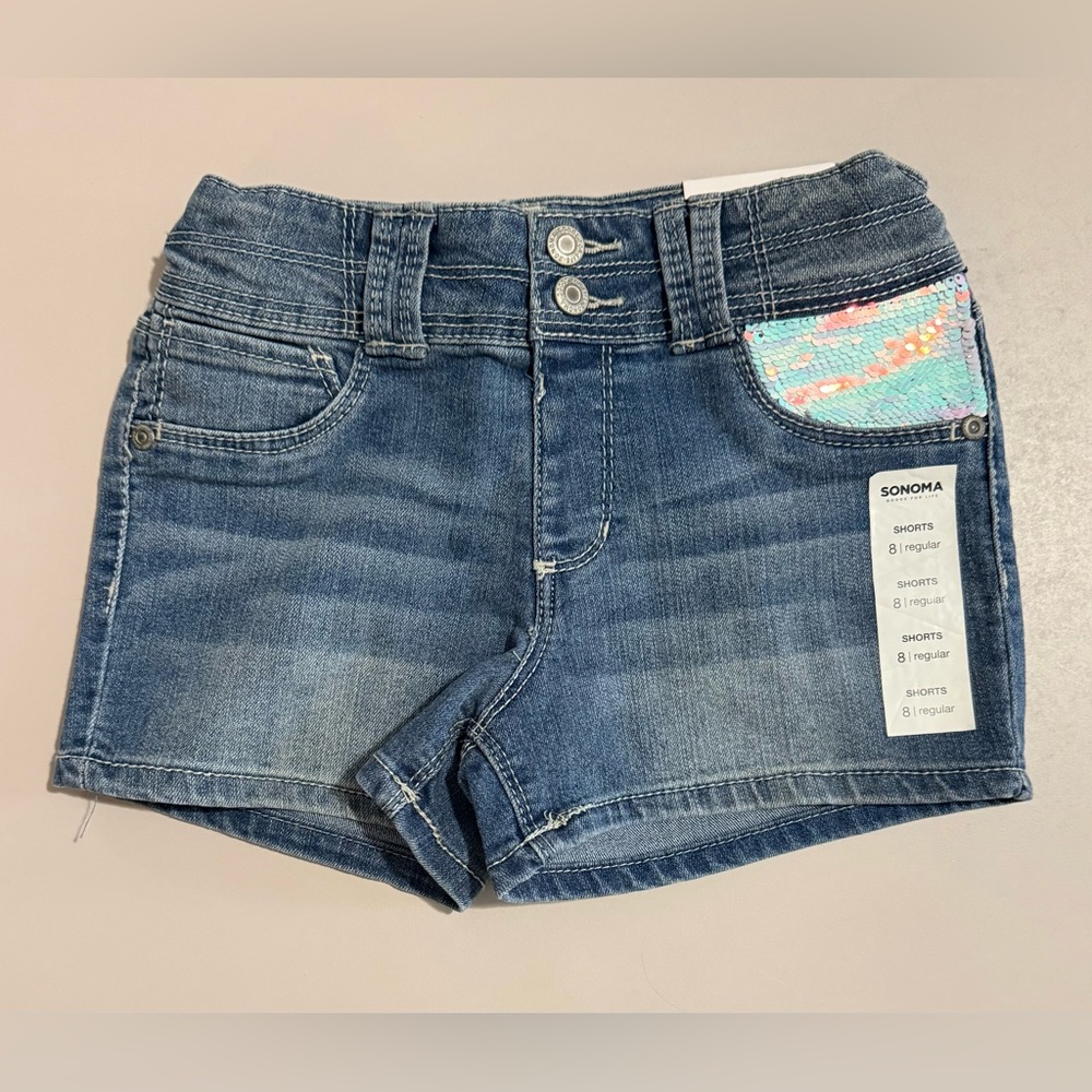 NWT Sonoma Kids Blue Denim Shorts with Colorful Sequin Pocket